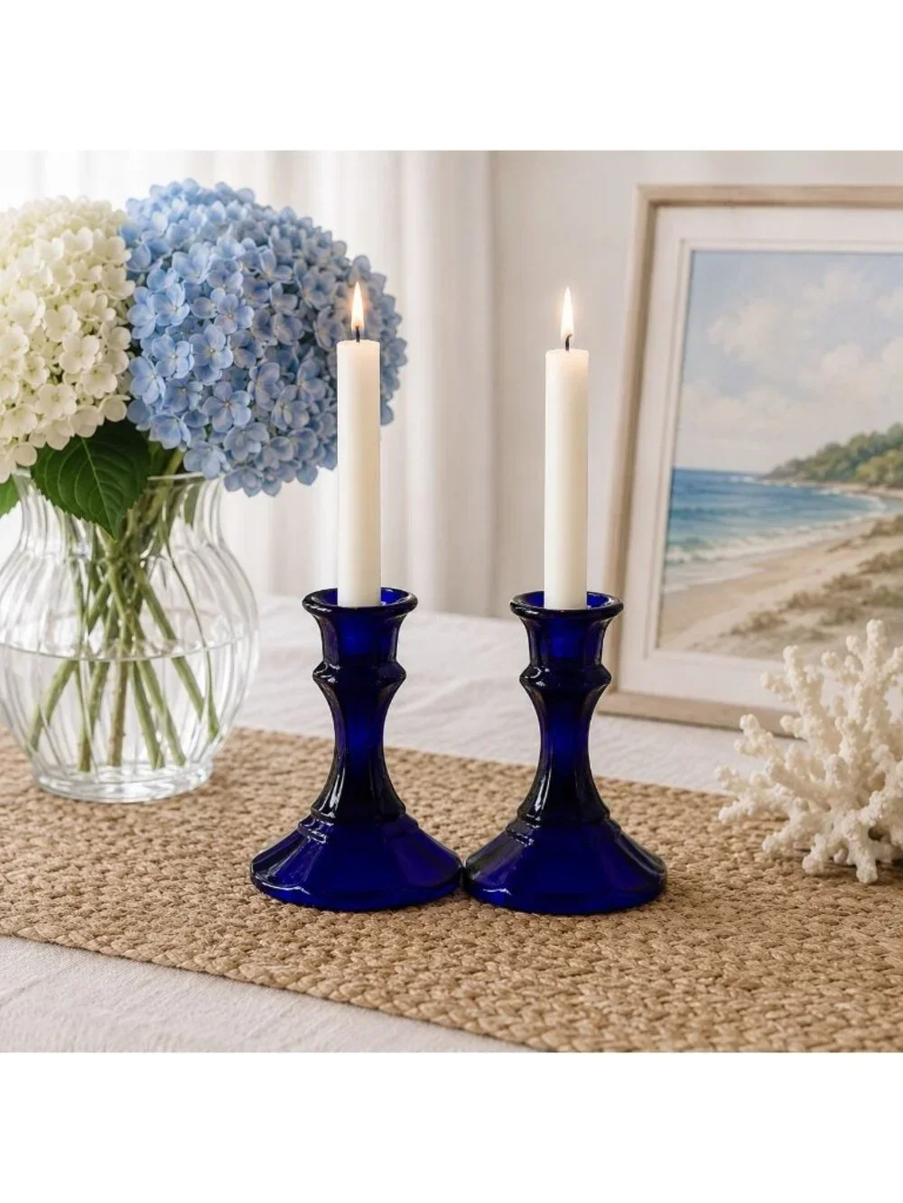 Vintage Blue Glass Candlestick Holders Set of 2 Romantic Cobalt Taper Candle MCM